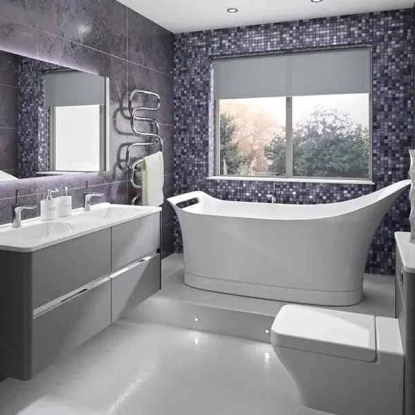 Dolce bathroom style with a refreshing design with mirror, bath, sink, toilet and towel rack from Ambiance Bain