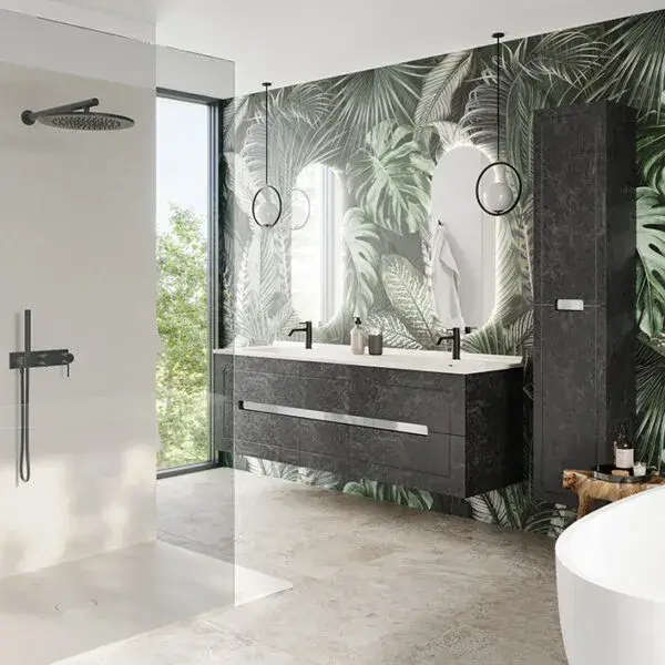 Paname bathroom style with refreshing design featuring mirrors, sinks, storage and shower from Ambiance Bain
