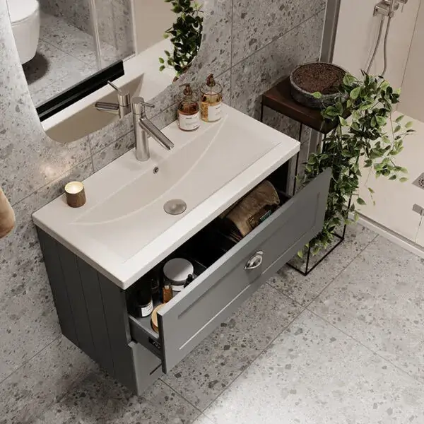 Provencal bathroom style featuring bathroom sink, mirror, shower and storage from Ambiance Bain