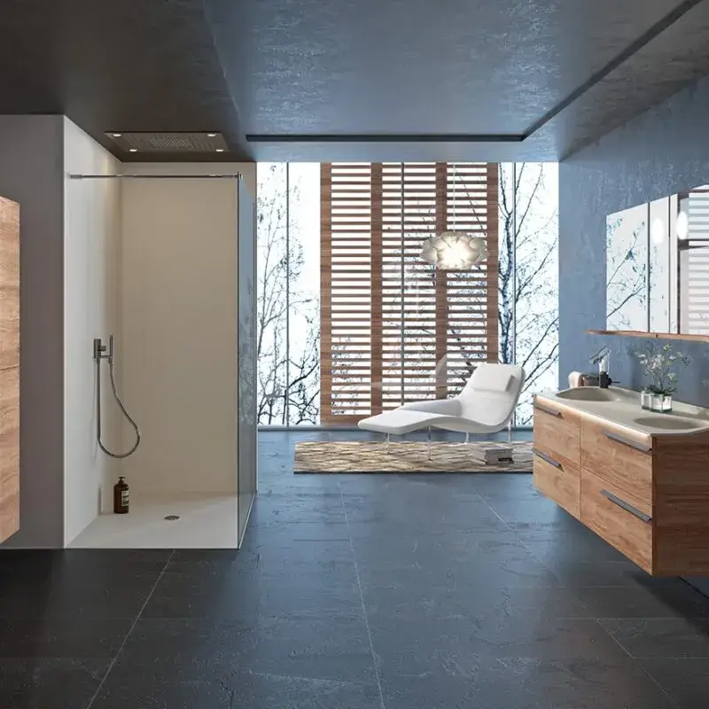 Joya bathroom decor with shower, mirror, sink, rug and bathroom lighting