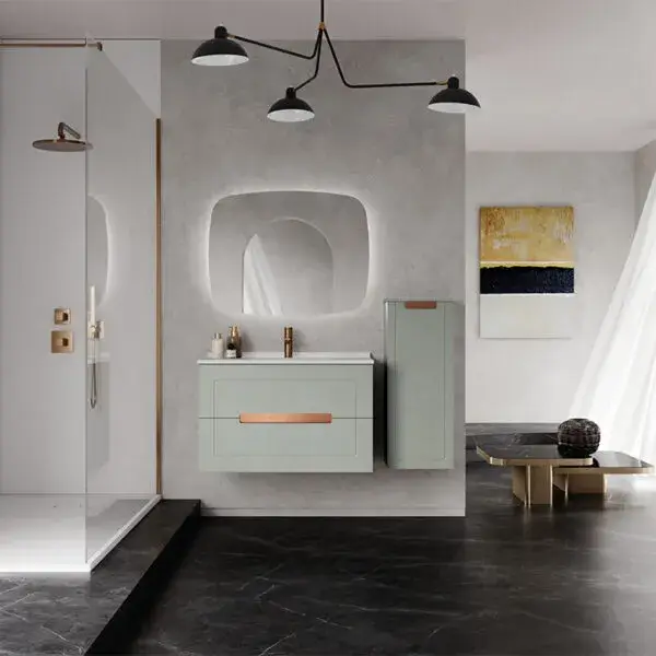 Paname bathroom theme decor with bathroom lighting, mirror, storage and shower