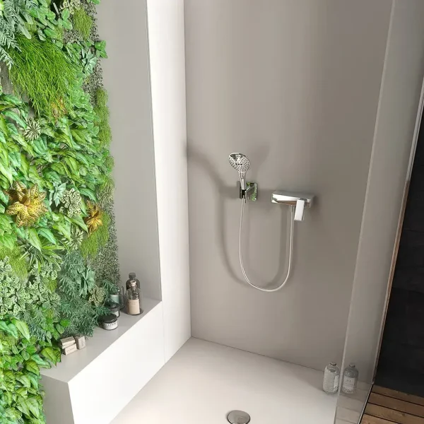 Bathroom decor featuring shower and plants as a wall display