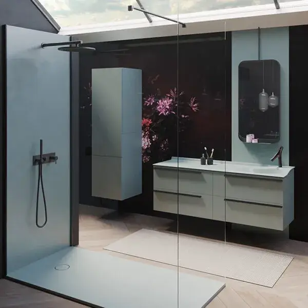 Vango bathroom theme decor with bathroom lighting, mirror, sink, storage and shower
