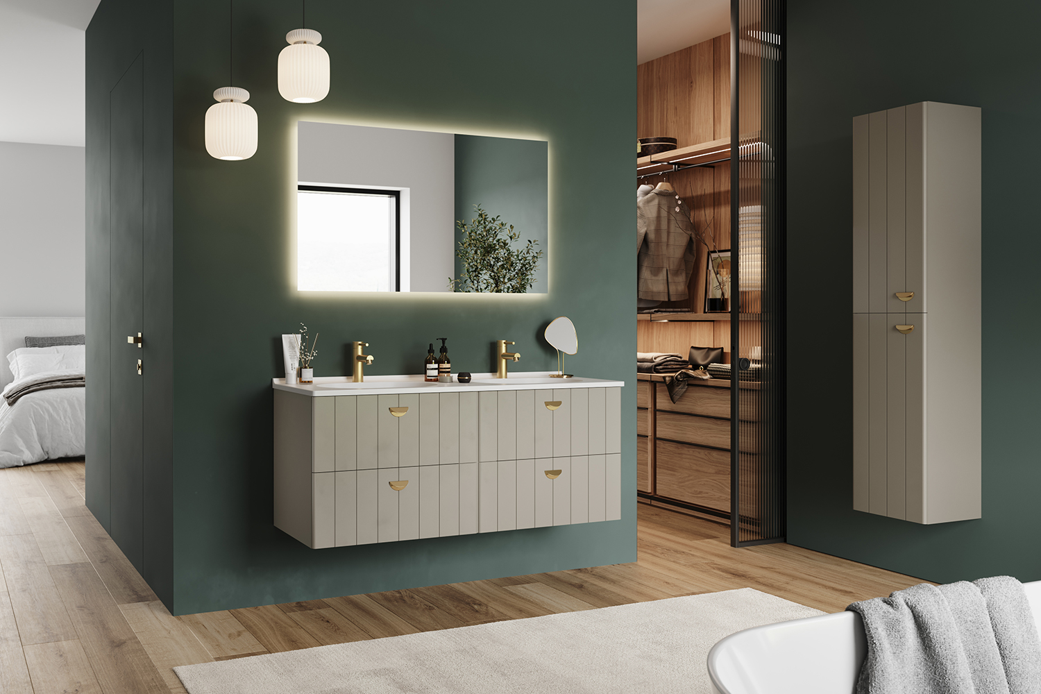 Panelled bathroom designs with gold accents