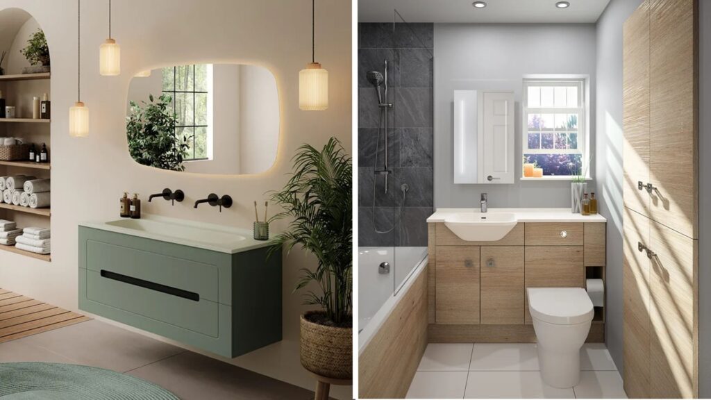 A side-by-side view of two different bathroom vanity styles. On the left is a floating green vanity in a modern, light-colored bathroom. On the right is a traditional wood-toned fitted vanity unit next to a toilet and bath.